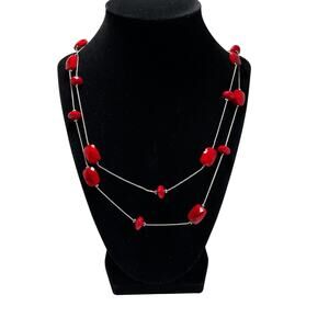 CHARMING CHARLIE Red Beaded Layered Necklace Womens Silver Tone Statement
